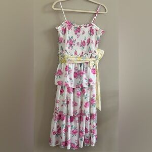 Love Shack Fancy white and pink floral ruffled midi dress size medium